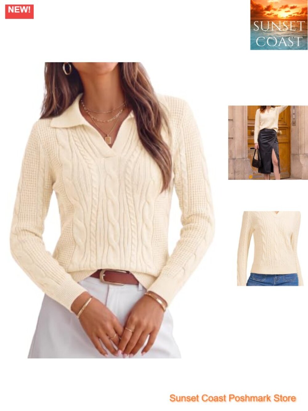 Cable Knit Sweater V Neck Polo Pullover Long Sleeve